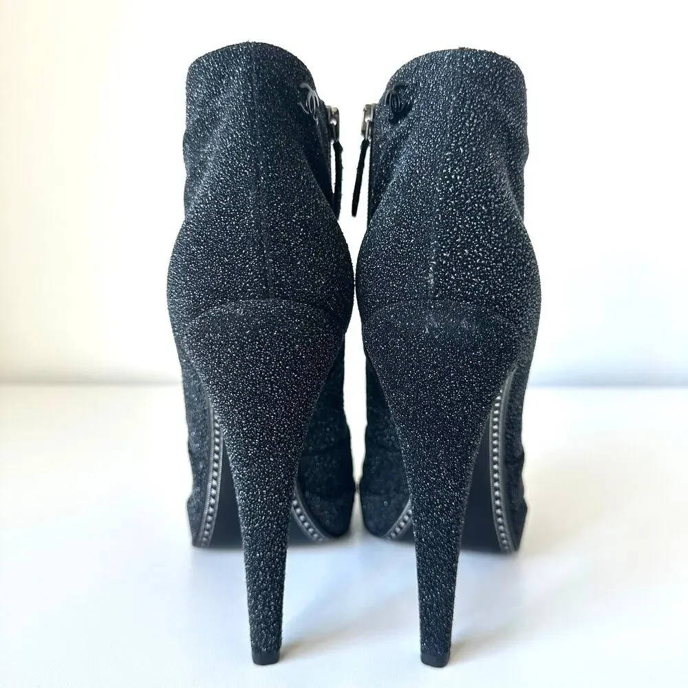 Chanel Black CC Sparkle Glitter Cap Toe Platform Short Boots IT 39